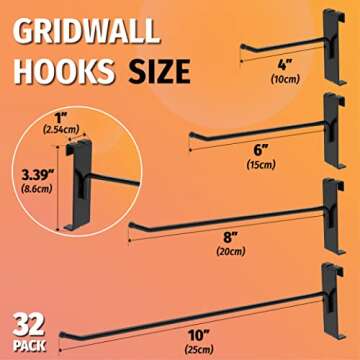 HUHOLE Gridwall Hooks 6 Inch, 32PC Display Hooks for Grid Wall, Hooks for Grid Wall Panel, Black