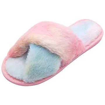 Fuzzy Slippers for Women, Cross Band Faux Furry Slippers Warm Slide Flat House Slippers Sandals Leopard Plush Open Toe Home Slippers