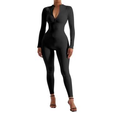 SUUKSESS Women Long Sleeve Ribbed Jumpsuit Sexy Zip up Front Workout One Piece Bodycon Jumpsuit Romper (Black, M)