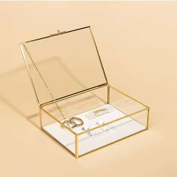 Glass Gold Metal with Chain and Velvet Bottom Jewelry Organizer Box | Card box for Weddings, Events,...