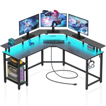 Rolanstar L Shaped Gaming Desk with LED Lights & Power Outlets, 53" Computer Desk with Full Monitor ...