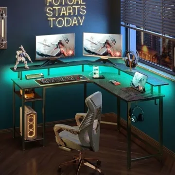 Stylish L Shaped Gaming Desk with LED Lights & Power Outlets