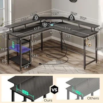 Stylish L Shaped Gaming Desk with LED Lights & Power Outlets
