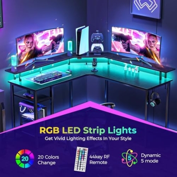 Stylish L Shaped Gaming Desk with LED Lights & Power Outlets