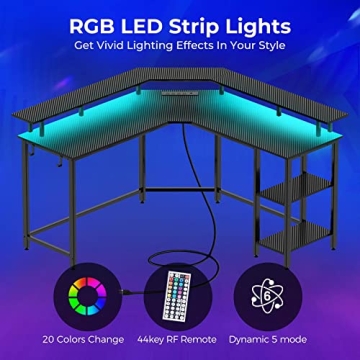Stylish L Shaped Gaming Desk with LED Lights & Power Outlets