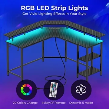 Stylish L Shaped Gaming Desk with LED Lights & Power Outlets