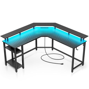 Stylish L Shaped Gaming Desk with LED Lights & Power Outlets