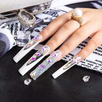LOVFUL Press on Nails Candy Diamonds & White French Tip | Luxury Spring French Tip Glossy Press On Nails with Bling | Square Long 2.2 in | H36(M)