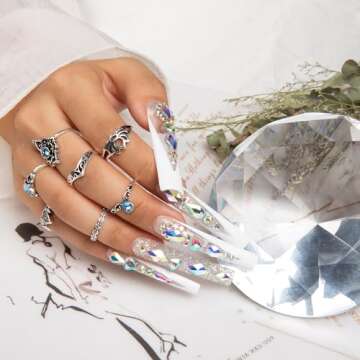 LOVFUL Press on Nails Candy Diamonds & White French Tip | Luxury Spring French Tip Glossy Press On Nails with Bling | Square Long 2.2 in | H36(M)