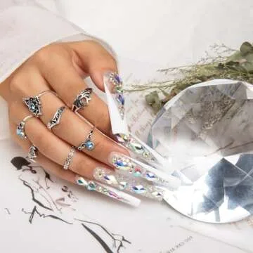 LOVFUL Press on Nails Candy Diamonds & White French Tip | Luxury Spring French Tip Glossy Press On Nails with Bling | Square Long 2.2 in | H36(M)