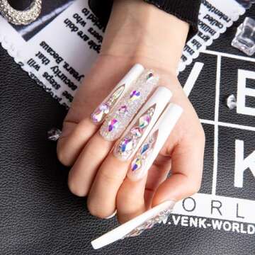 LOVFUL Press on Nails Candy Diamonds & White French Tip | Luxury Spring French Tip Glossy Press On Nails with Bling | Square Long 2.2 in | H36(M)