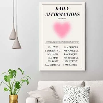Daily Affirmations Aura Motivational Modern Canvas Wall Art，danish Trendy Pastel Minimalist Heart Shape Prints Painting Posters，cute Pink Girl Room Bedroom Wall Art Decor Aesthetic 24x36in Unframed