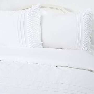 YINFUNG White Tassel Duvet Cover Set Fringe Cotton Boho King Textured Macrame Crochet 104x90 Fringe Elegant Crisp Quilt Cover 3PC Bedding Set Country Pretty Cottage Trim Woven Zipper