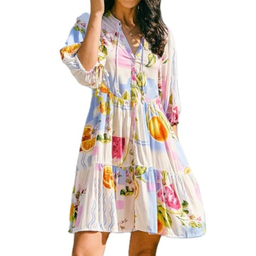 Women Boho Babydoll Short Dress Vintage Floral V Neck Mini Shirt Dress Bohemian Puff Sleeve Flowy Su...