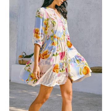 Women Boho Babydoll Short Dress Vintage Floral V Neck Mini Shirt Dress Bohemian Puff Sleeve Flowy Summer Sundress(Light Purple,Small)