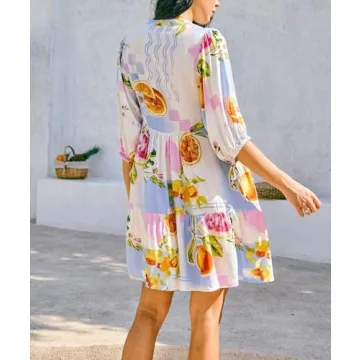 Women Boho Babydoll Short Dress Vintage Floral V Neck Mini Shirt Dress Bohemian Puff Sleeve Flowy Summer Sundress(Light Purple,Small)