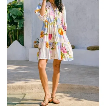 Women Boho Babydoll Short Dress Vintage Floral V Neck Mini Shirt Dress Bohemian Puff Sleeve Flowy Summer Sundress(Light Purple,Small)