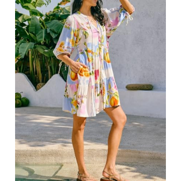 Women Boho Babydoll Short Dress Vintage Floral V Neck Mini Shirt Dress Bohemian Puff Sleeve Flowy Summer Sundress(Light Purple,Small)