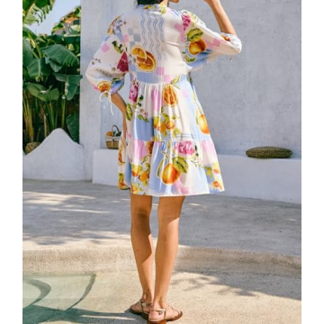 Women Boho Babydoll Short Dress Vintage Floral V Neck Mini Shirt Dress Bohemian Puff Sleeve Flowy Summer Sundress(Light Purple,Small)