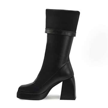 DOBOYG Women's Platform Boots Go Go Boots Knee High Boots Stretchy Square Toe Chunky Block Heeled Boots