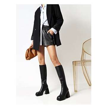 DOBOYG Women's Platform Boots Go Go Boots Knee High Boots Stretchy Square Toe Chunky Block Heeled Boots