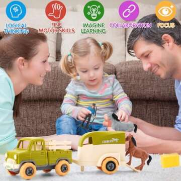 Eaciilee Sandbox Toys for Toddlers 1-3, DIY Take-Apart Truck, Trailer, Farm Animals, Horse, Lamb Figurines, Screwdriver - Sand Toy Trucks Toy PlaySet for Age 3-5 Years Old Kids