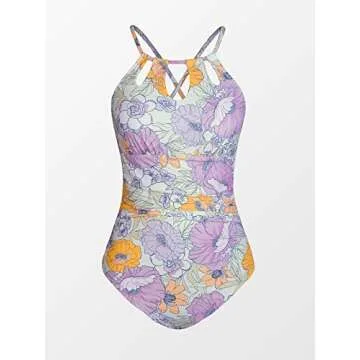 CUPSHE Women Swimsuit One Piece Tummy Control Ruched Self Tie Cutout Floral Bathing Suit, XS Lavender