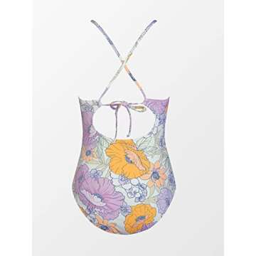 CUPSHE Women Swimsuit One Piece Tummy Control Ruched Self Tie Cutout Floral Bathing Suit, XS Lavender