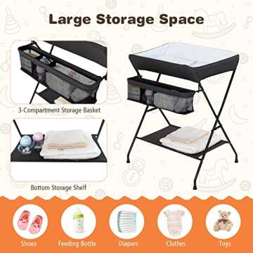 Costzon Changing Table, Portable Baby Changing Table Foldable Diaper Changing Station with Safety Belt, Large Storage Rack & Shelf, Nursery Organizer for Newborn Infant (Black)