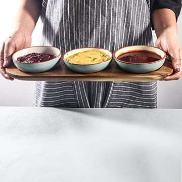 Artena 6oz Turquoise Solid Ceramic Chips and Dip Serving Platter with Acacia Wooden Tray, 4.5inch Glazing Small Serving Bowls/Dipping Dishes for Condiments,Side Dishes, Dipping, Pre, Dessert, Salsa