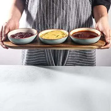 Artena 6oz Turquoise Solid Ceramic Chips and Dip Serving Platter with Acacia Wooden Tray, 4.5inch Glazing Small Serving Bowls/Dipping Dishes for Condiments,Side Dishes, Dipping, Pre, Dessert, Salsa