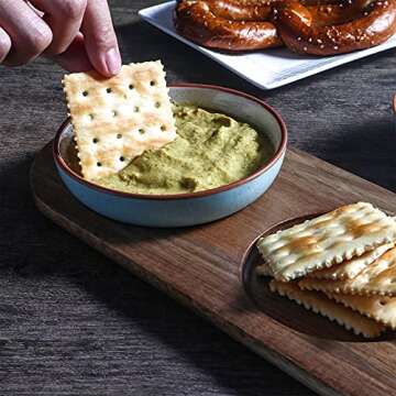 Artena 6oz Turquoise Solid Ceramic Chips and Dip Serving Platter with Acacia Wooden Tray, 4.5inch Glazing Small Serving Bowls/Dipping Dishes for Condiments,Side Dishes, Dipping, Pre, Dessert, Salsa