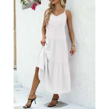 Febriajuce Women’s Summer Maxi Dress Casaul Spaghetti Straps Solid V-Neck Backless Cami Dresses wi...