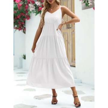 Febriajuce Women’s Summer Maxi Dress Casaul Spaghetti Straps Solid V-Neck Backless Cami Dresses with Two Pockets White