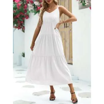 Febriajuce Women’s Summer Maxi Dress Casaul Spaghetti Straps Solid V-Neck Backless Cami Dresses with Two Pockets White