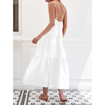 Febriajuce Women’s Summer Maxi Dress Casaul Spaghetti Straps Solid V-Neck Backless Cami Dresses with Two Pockets White