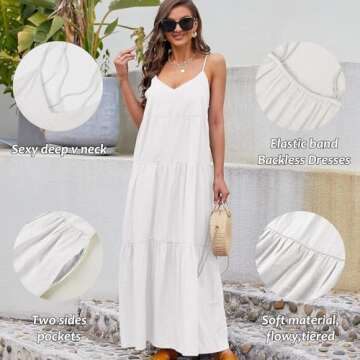 Febriajuce Women’s Summer Maxi Dress Casaul Spaghetti Straps Solid V-Neck Backless Cami Dresses with Two Pockets White