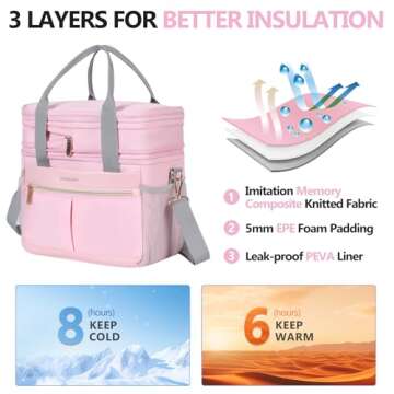 Hedcaw Lunch Box for Women Double Deck Insulated Lunch Bag Women Expandable Leakproof Reusable Lunch Cooler for Work, Office, Picnic, Pink