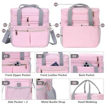 Hedcaw Lunch Box for Women Double Deck Insulated Lunch Bag Women Expandable Leakproof Reusable Lunch Cooler for Work, Office, Picnic, Pink