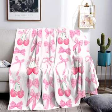 Reateforin Pink Cherry Bow Throw Blanket - Soft Aesthetic Essentials for Home Comfort