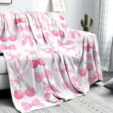 Reateforin Pink Cherry Bow Throw Blanket for Stylish Comfort