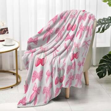 Reateforin Pink Cherry Bow Throw Blanket for Stylish Comfort