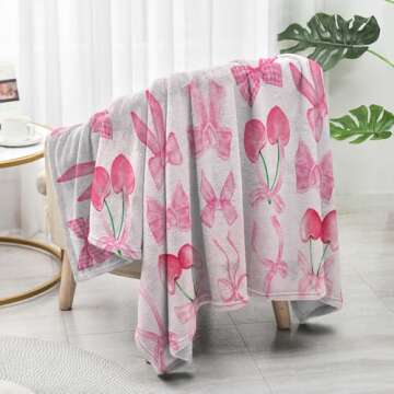 Reateforin Pink Cherry Bow Throw Blanket for Stylish Comfort