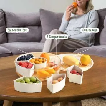 Spining Divided Serving Tray with Lid Veggie Tray with Lid and Handle, Multi-Purpose Snackle Box Container for Charcuterie, Taco Tuesday, Movie Night, Travel, Beach, or Picnic Essentials