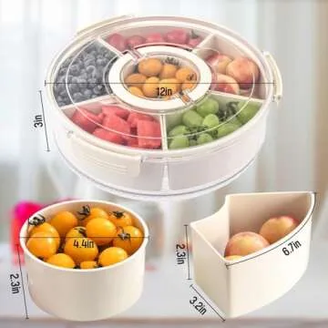 Spining Divided Serving Tray with Lid Veggie Tray with Lid and Handle, Multi-Purpose Snackle Box Container for Charcuterie, Taco Tuesday, Movie Night, Travel, Beach, or Picnic Essentials