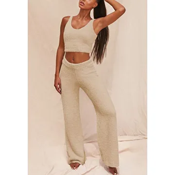 Fixmatti Women 3 Pcs PJ Outfit Set Crop Tops Pants and Open Front Cardigan Tracksuit Lounge Set Camel S