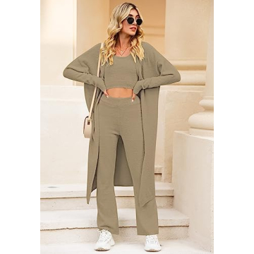 Fixmatti Women 3 Pcs PJ Outfit Set Crop Tops Pants and Open Front Cardigan Tracksuit Lounge Set Camel S