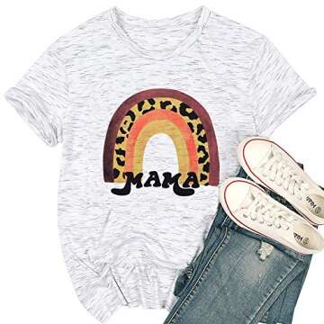 Mama Shirt for Women Mama Leopard Graphic Rainbow Print T Shirt Mom Shirts Short Sleeve Casual Tee Tops