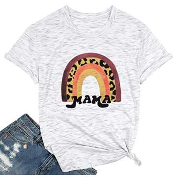 Mama Shirt for Women Mama Leopard Graphic Rainbow Print T Shirt Mom Shirts Short Sleeve Casual Tee Tops