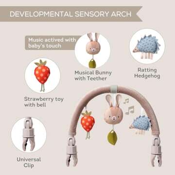 Taf Toys Arch | Ideal for Infant & Toddlers, Fits Stroller & Pram, Activity Arch with Fascinating Toys, Stimulates Baby’s Senses and Motor Skills Development, Easier Outdoors (Musical Bunny Arch)